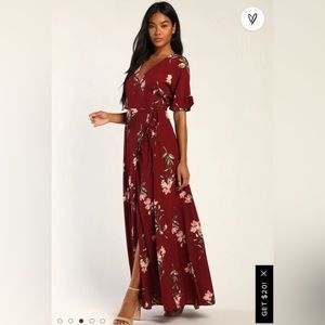 Lulu’s Burgundy Floral Print Wrap Maxi Dress